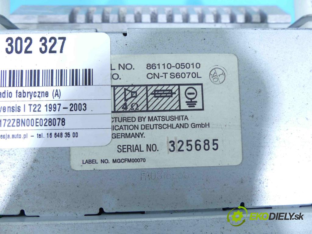 Toyota Avensis I T22 1997-2003 1.6 vvti 110 HP manual 81 kW 1598 cm3 5- Radio originál 86110-05010