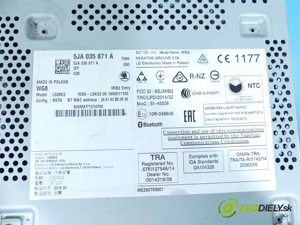 Skoda Rapid 2012-2019 1.4 tdi 90 HP manual 66 kW 1422 cm3 5- Radio originál 5JA035871A