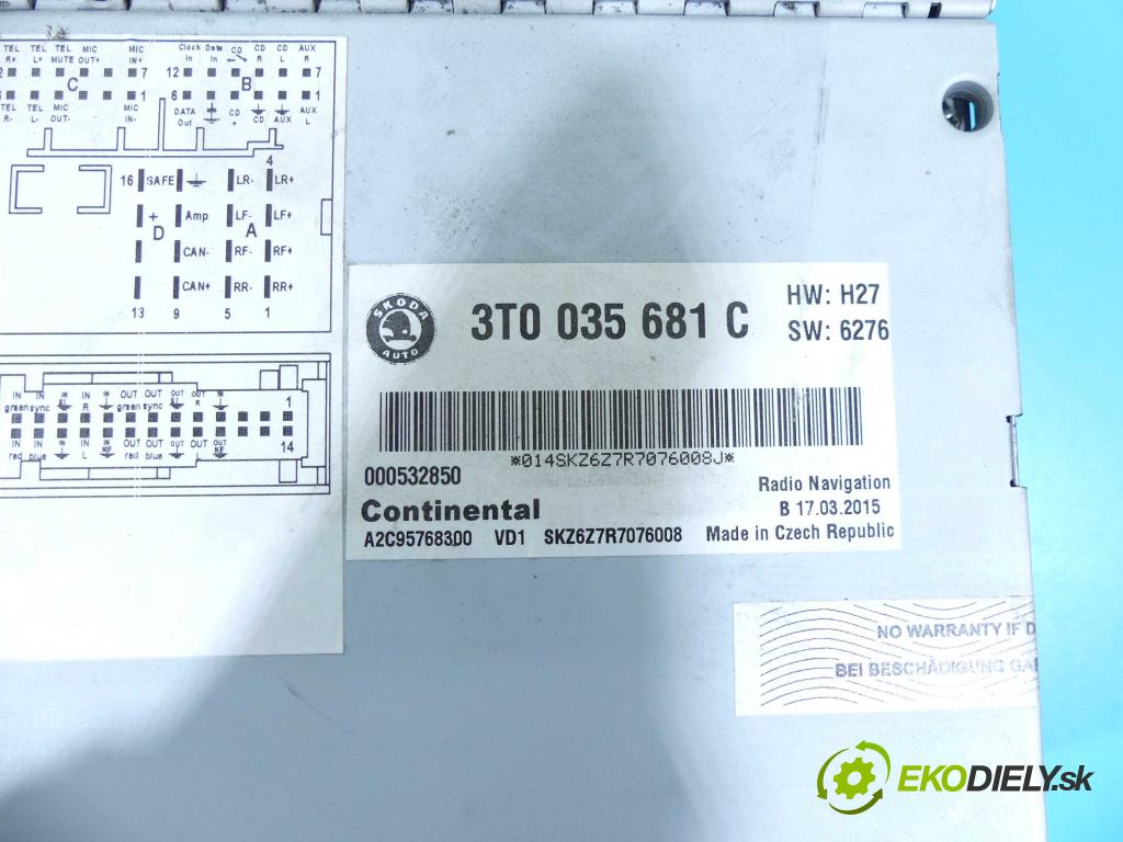 Skoda Superb II 2008-2015 2.0 tdi 140 HP automatic 103 kW 1968 cm3 4- Radio originál 3T0035681C