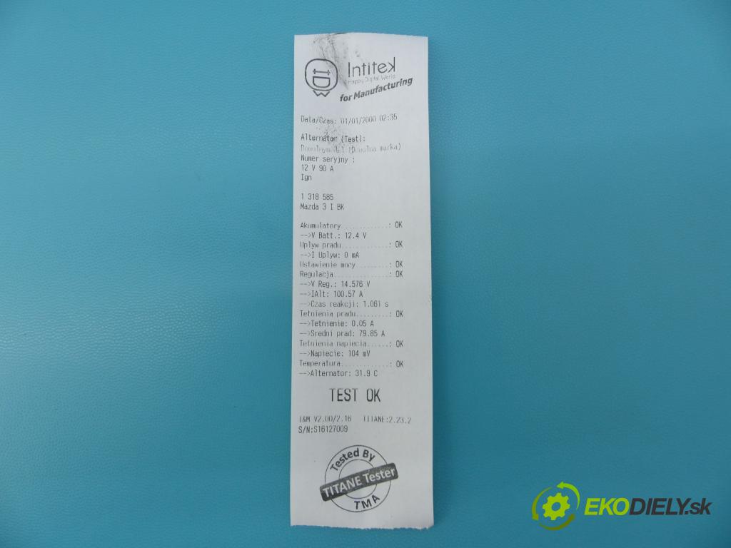 Mazda 3 I BK 2003-2009 2.0 16V 150 hp manual 110 kW 1999 cm3 5- Alternator A3TG1391A (Alternátor)