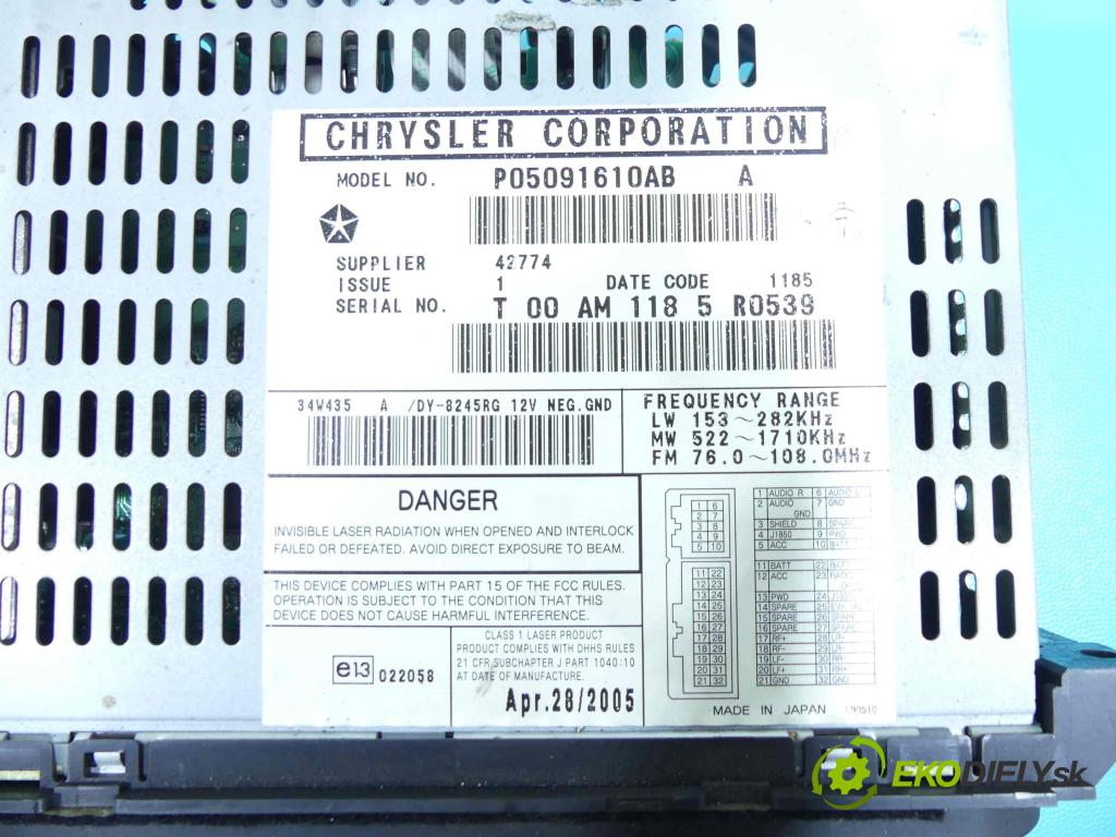 Chrysler Voyager IV 2000-2007 2.8 crd: 150 HP manual 110 kW 2776 cm3 5- Radio originál P05091610AB