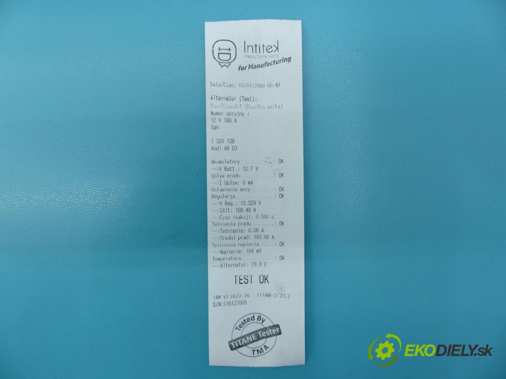 Audi A8 D3 2002-2009 3.0 tdi 232KM automatic 171 kW 2967 cm3 4- Alternator 059 903 015 R (Alternátory)