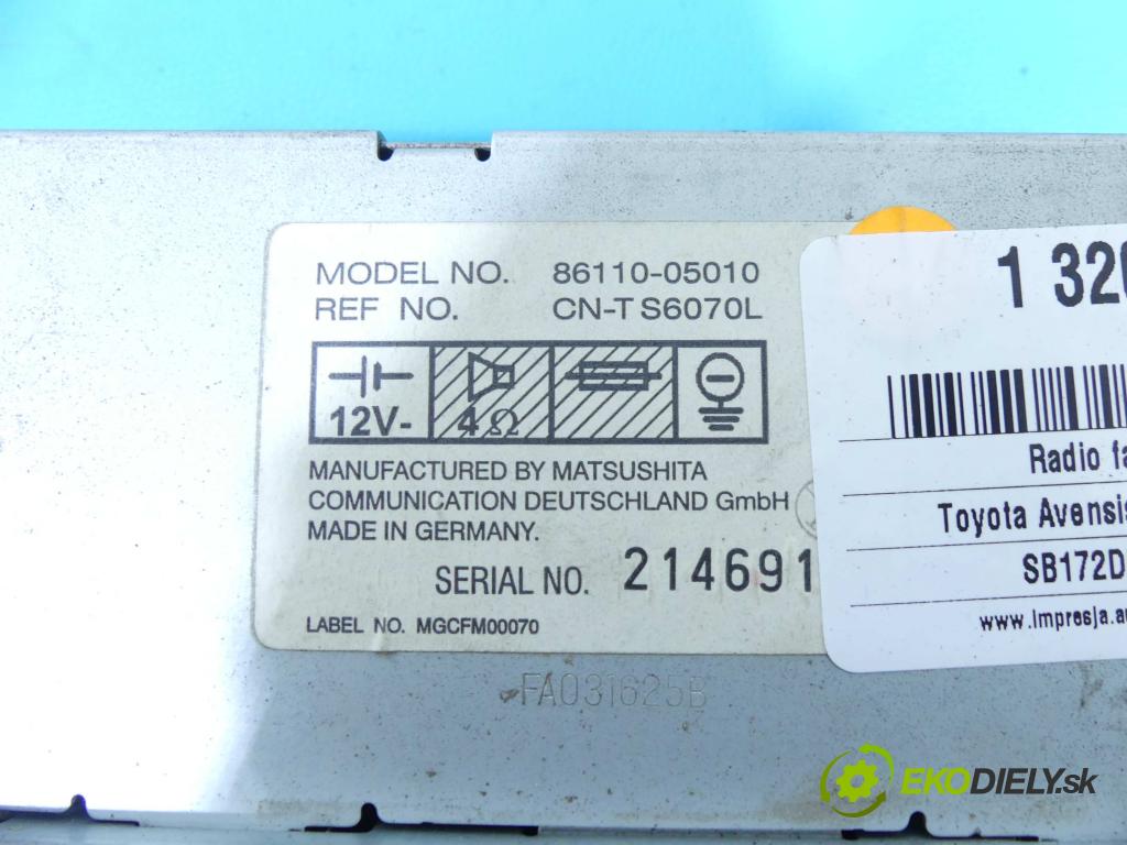 Toyota Avensis I T22 1997-2003 2.0 d4d 110 HP manual 81 kW 1995 cm3 5- Radio originál 86110-05010