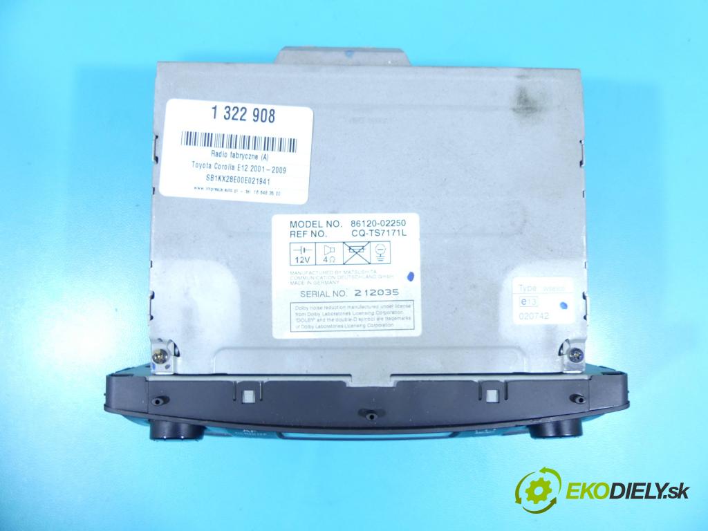 Toyota Corolla E12 2001-2009 2.0 d4d 90 HP manual 66 kW 1995 cm3 5- Radio originál 86120-02250