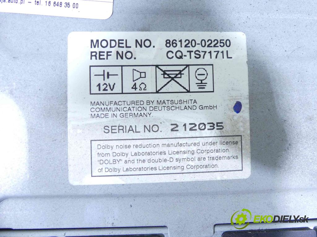 Toyota Corolla E12 2001-2009 2.0 d4d 90 HP manual 66 kW 1995 cm3 5- Radio originál 86120-02250