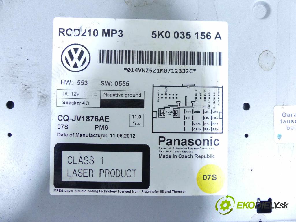 Vw Caddy III 2K 2003-2020 2.0 tdi 140 HP manual 103 kW 1968 cm3 5- Radio originál 5K0035156A