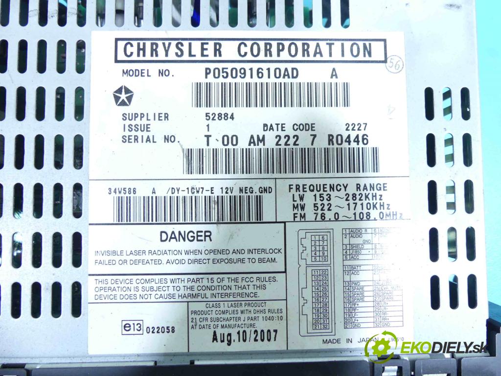 Chrysler Voyager IV 2000-2007 3.3 V6 177 HP automatic 130 kW 3301 cm3 5- Radio originál P05091610AD