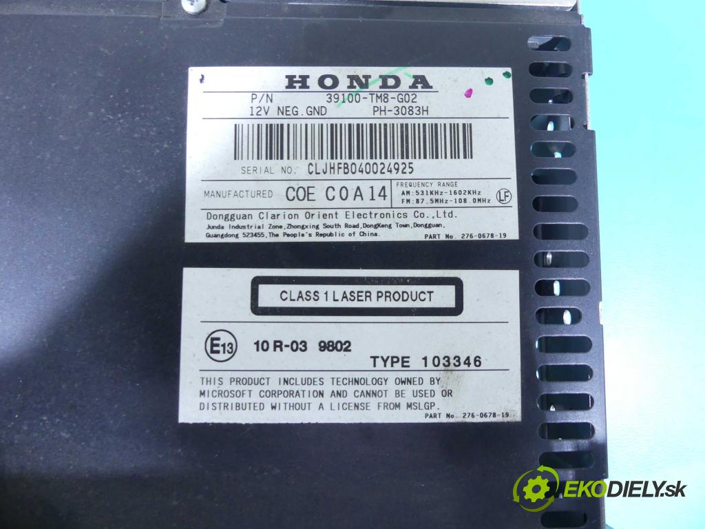 Honda Insight II 2009-2014 1.3 16V hybrid 88 HP automatic 65 kW 1339 cm3 5- Radio originál 39100-TM8-G02