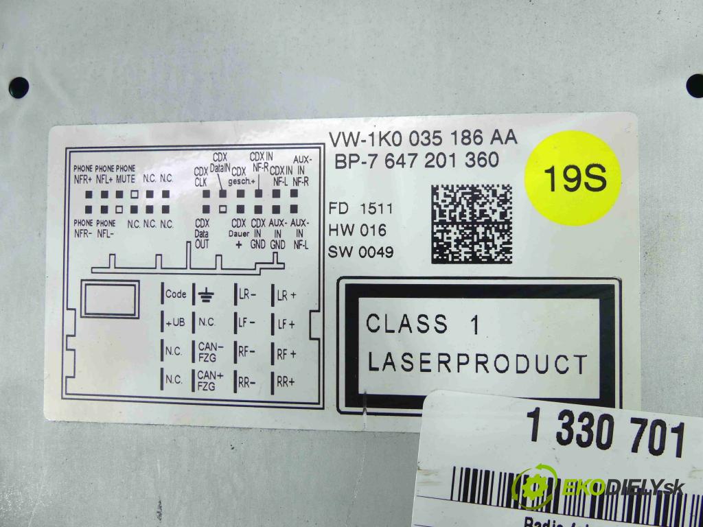 Vw Passat B7 2010-2014 2.0 tdi 140 HP manual 103 kW 1968 cm3 5- Radio originál 1K0035186AA