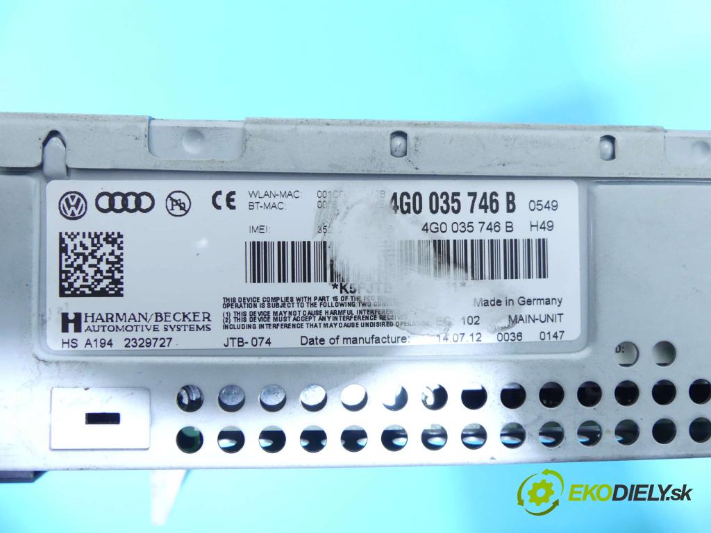 Audi A6 C7 2011-2018 2.0 TFSI 211KM automatic 155 kW 1984 cm3 4- Radio originál 4G0035746B