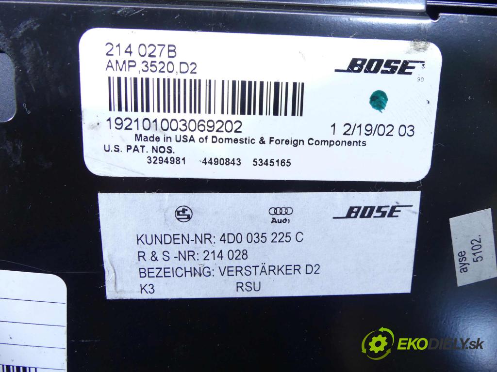 Audi A8 D2 1994-2002 2.8 V6 193 HP automatic 142 kW 2771 cm3 4- Zesilovač: 4D0035225C (Zosilňovače)