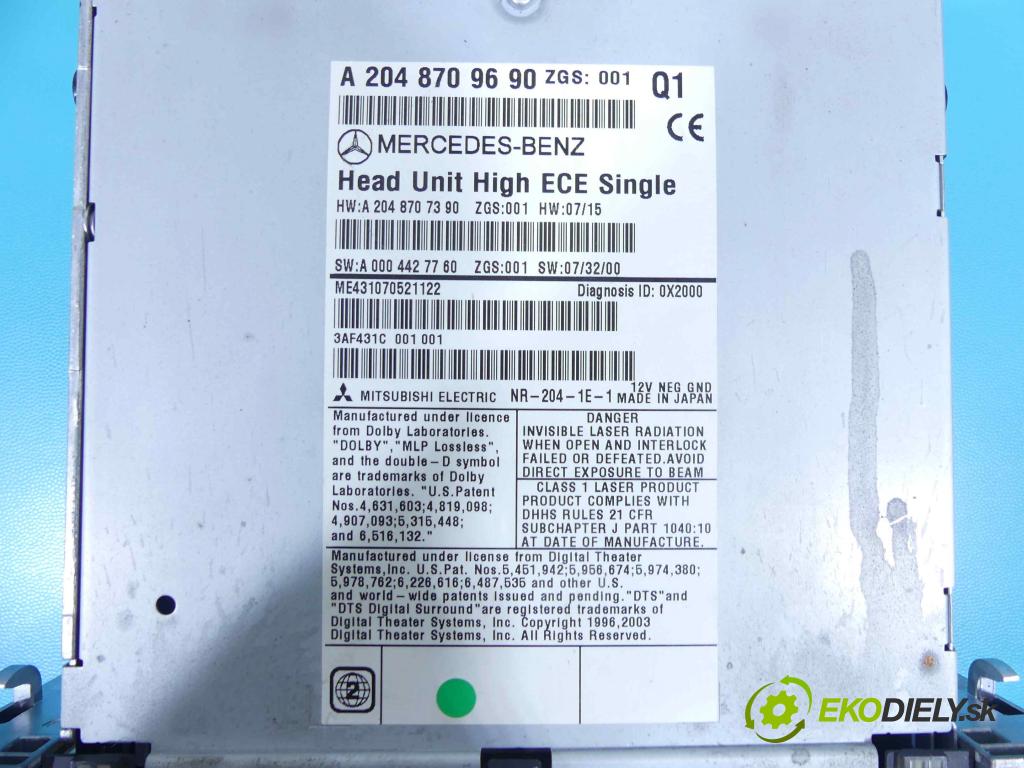 Mercedes C W204 2007-2014 3.0 V6 231 HP automatic 170 kW 2996 cm3 4- Radio originál A2048709690