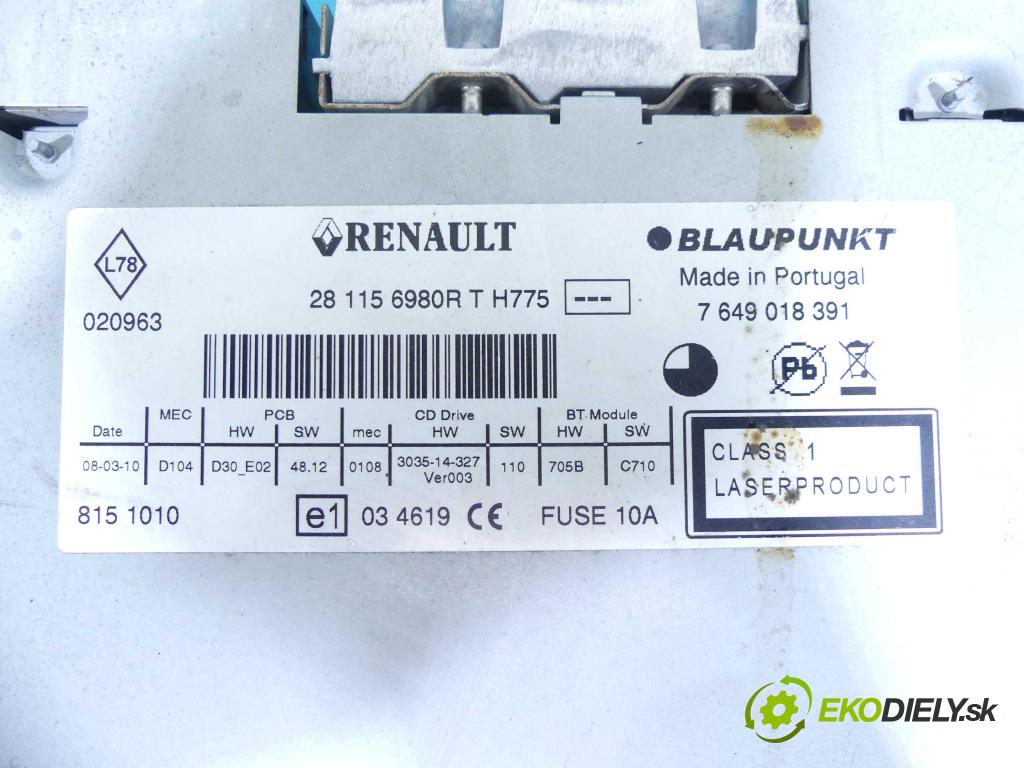 Renault Laguna III 2007-2015 2.0 16V 140 HP manual 103 kW 1997 cm3 5- Radio originál 281156980R