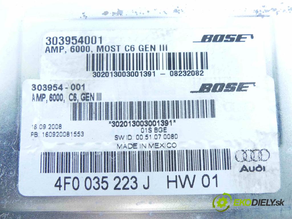 Audi A6 C6 2004-2011 3.0 V6 TFSI automatic 213 kW 2995 cm3 4- Zesilovač: 4F0035223J (Zosilňovače)