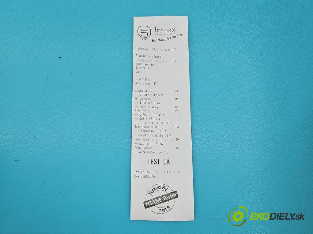 Alfa romeo 147 1.6 16V 105 HP manual 77 kW 1598 cm3 3- Alternator 46782219 (Alternátory)