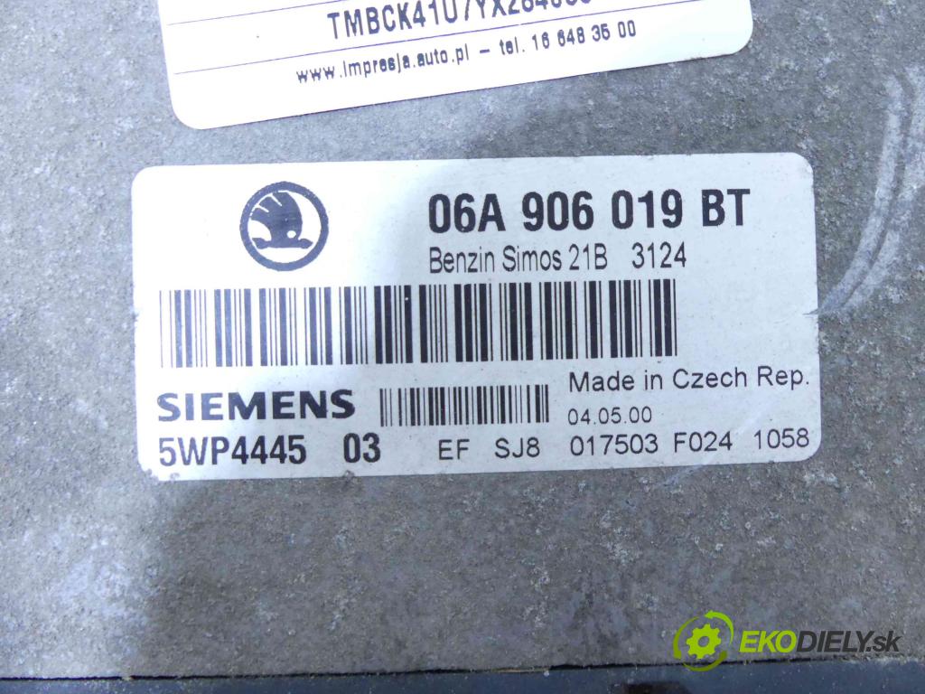 Skoda Octavia I 1996-2010 1.6 SR 102 hp manual 75 kW 1595 cm3 5- řídící jednotka motoru 06A906019BT