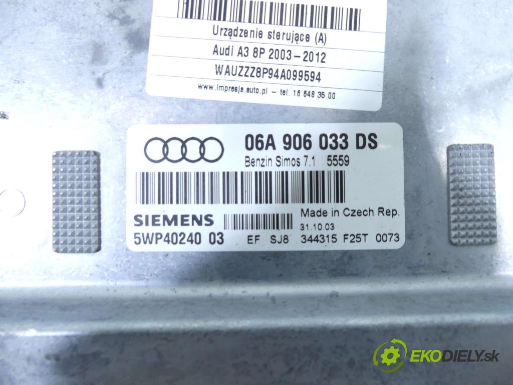 Audi A3 8P 2003-2012 1.6 8V 102 hp manual 75 kW 1595 cm3 3- řídící jednotka motoru 06A906033DS