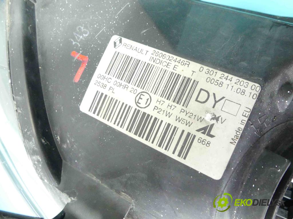 Renault Megane III 2008-2016 2.0 dci 160 HP manual 118 kW 1995 cm3 5- Reflektor: ľavý 260602446R (Ostatné)