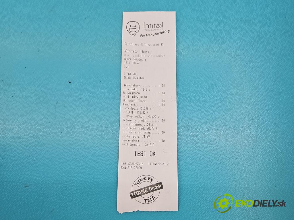 Skoda Roomster 1.4 tdi 69KM manual 51 kW 1422 cm3 5- Alternator 045903023H (Alternátory)