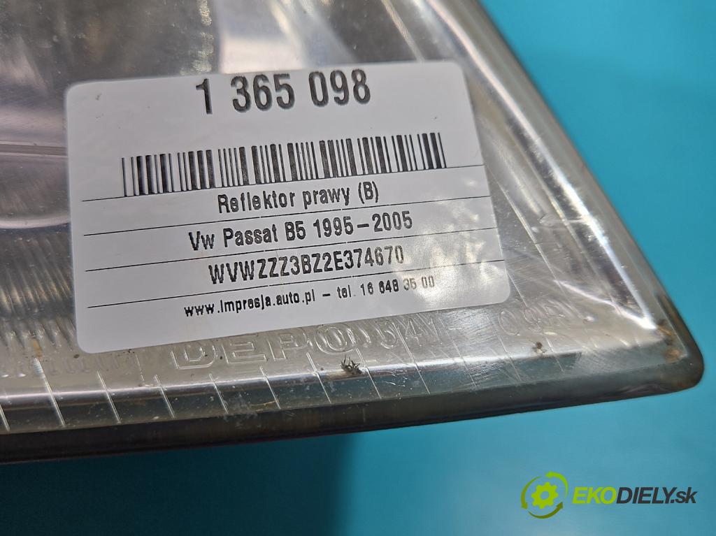 Vw Passat B5 1995-2005 2.0 20V 131 HP manual 96 kW 1984 cm3 5- Reflektor: pravý  (Pravé)