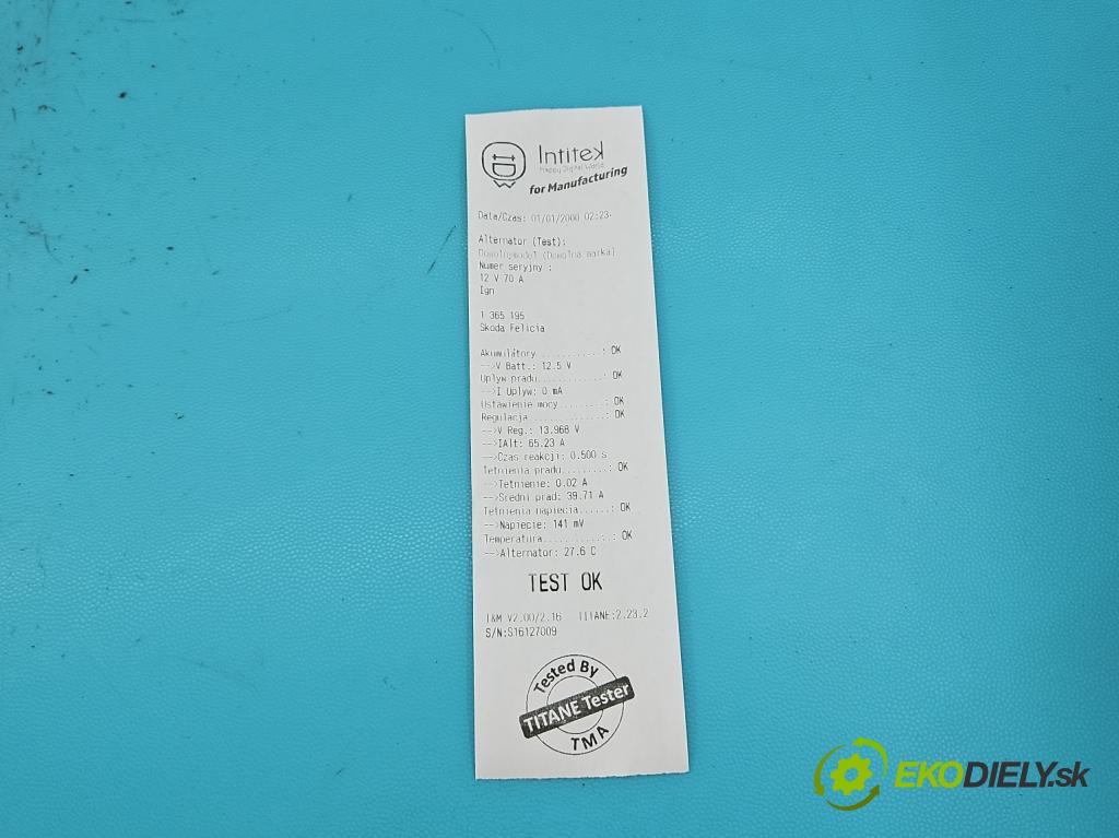 Skoda Felicia 1.3 mpi 68 HP manual 50 kW 1289 cm3 5- Alternator  (Alternátory)