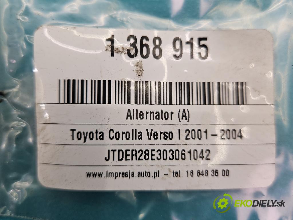 Toyota Corolla Verso I 2001-2004 1.8 vvti 135 hp manual 99 kW 1794 cm3 5- Alternator 27060-22100 (Alternátory)