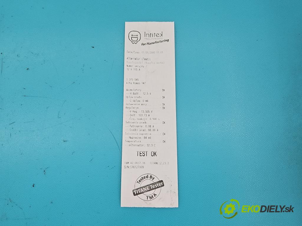 Alfa romeo 147 1.9 jtd 116 hp manual 85 kW 1910 cm3 5- Alternator 46782213 (Alternátory)