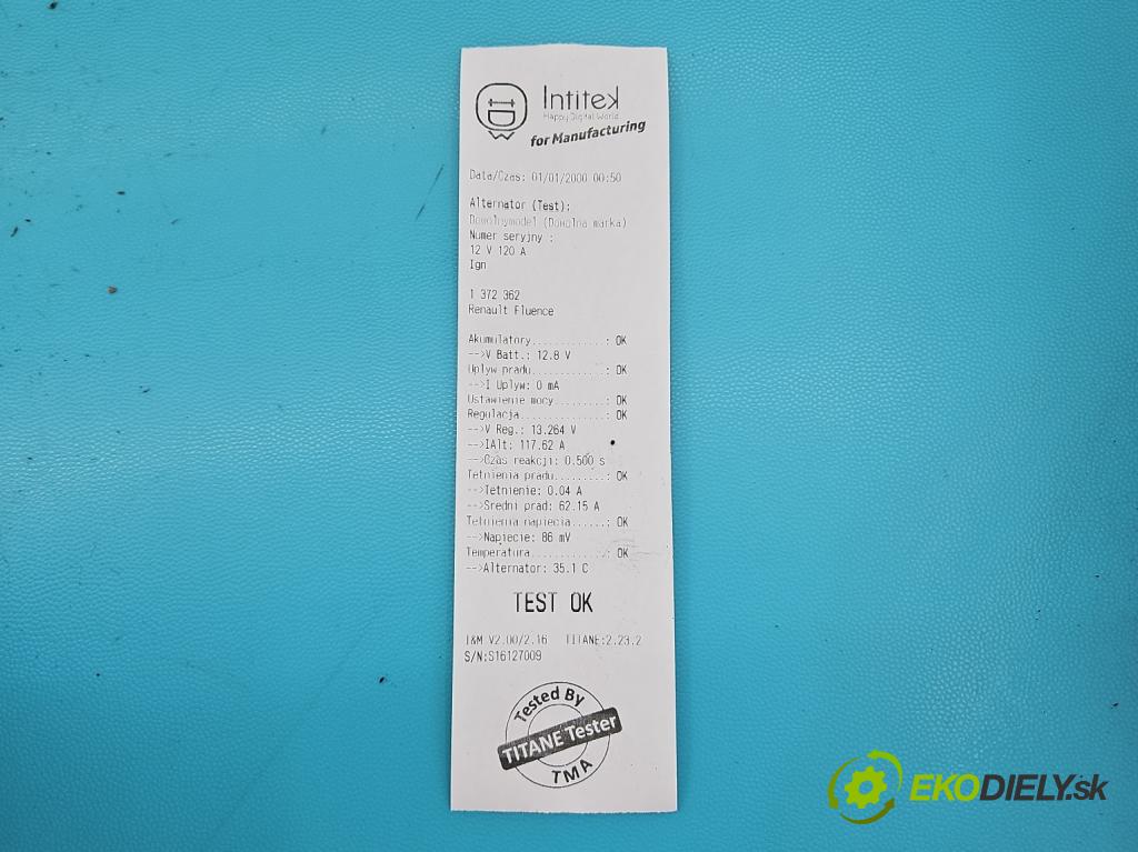 Renault Fluence 1.6 16V 110 HP manual 81 kW 1598 cm3 4- Alternator 8200660033 (Alternátory)