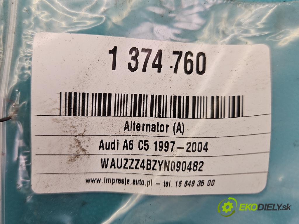 Audi A6 C5 1997-2004 2.4 V6 165 hp manual 121 kW 2393 cm3 4- Alternator  (Alternátory)