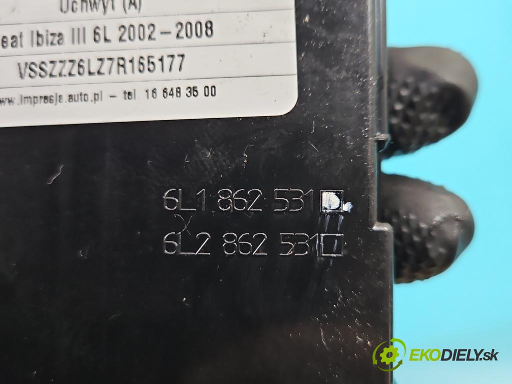 Seat Ibiza III 6L 2002-2008 1.4 TDI 80 HP manual 59 kW 1422 cm3 5- Rukojeť: na nápoje: 6L1862531 (Úchyty, držiaky na nápoje)