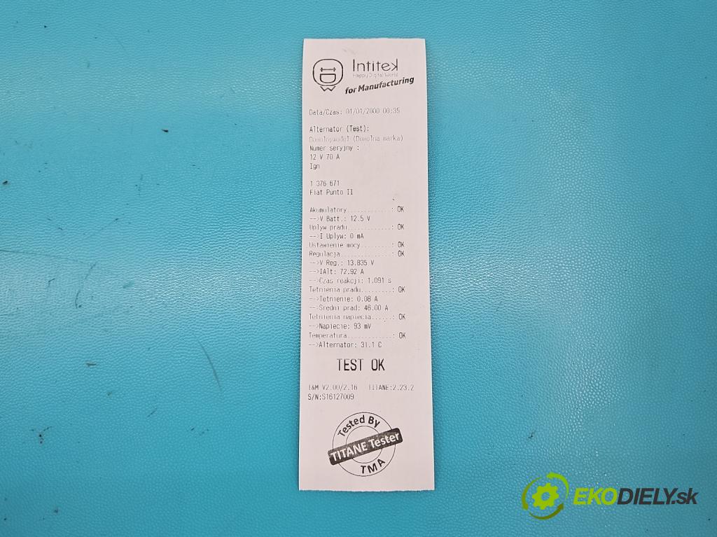 Fiat Punto II 1999-2010 1.2 8V 60 hp manual 44 kW 1242 cm3 3- Alternator 51700675 (Alternátor)