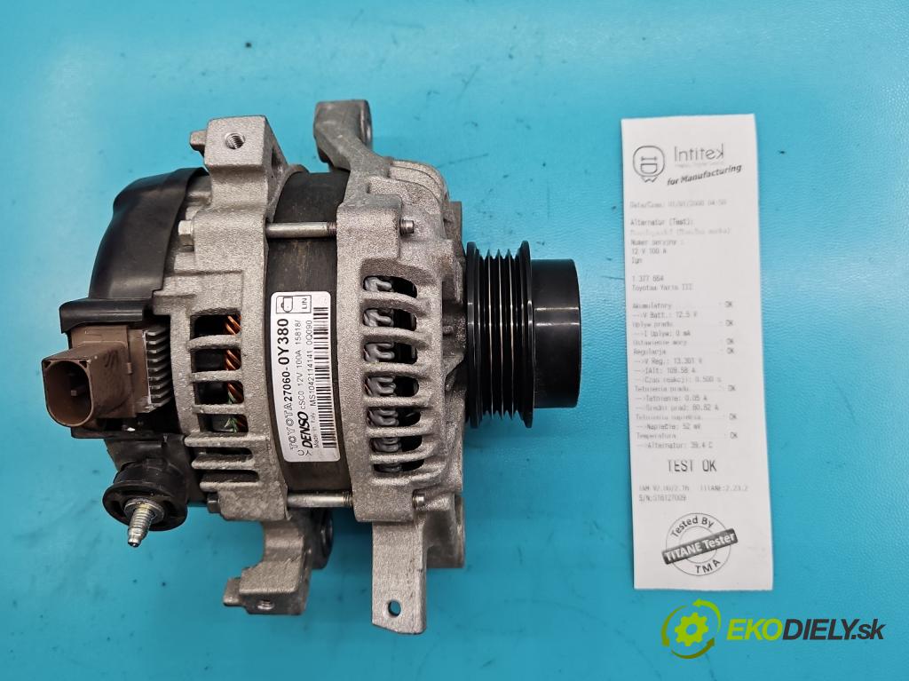 Toyota Yaris III 2011-2020 1.5 VVTi 111KM manual 82 kW 1496 cm3 5- Alternator 27060-0Y380 (Alternátory)