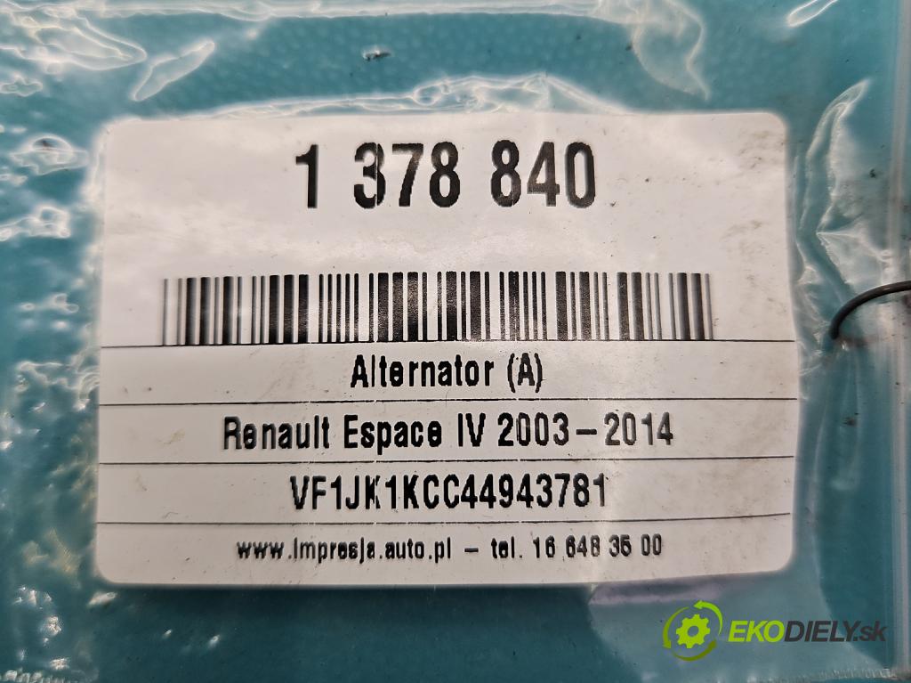 Renault Espace IV 2003-2014 2.0 dci 173KM automatic 127 kW 1995 cm3 5- Alternator 8200960538 (Alternátory)