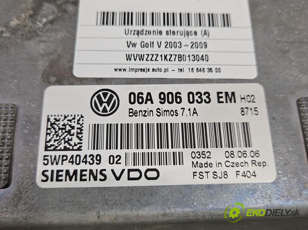 Vw Golf V 2003-2009 1.6 SR 102 hp manual 75 kW 1595 cm3 5- řídící jednotka motoru 06A906033EM