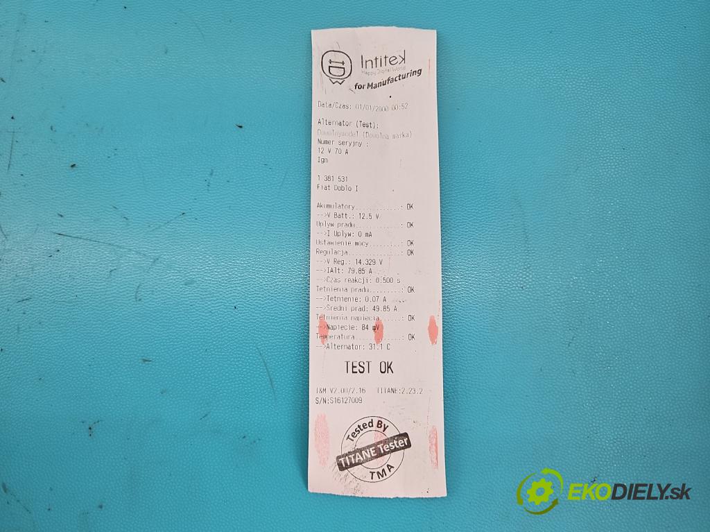 Fiat Doblo I 2001-2010 1.4 8V 77 HP manual 57 kW 1368 cm3 5- Alternator 51700675 (Alternátory)
