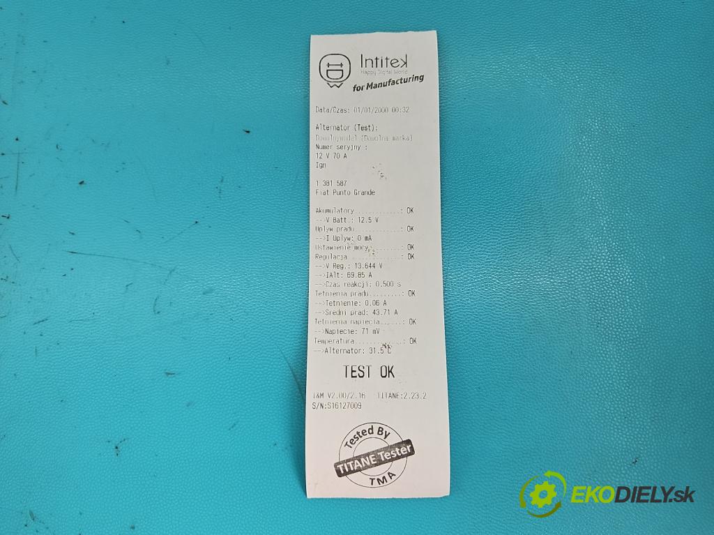 Fiat Punto Grande 1.4 77 HP manual 57 kW 1368 cm3 5- Alternator 51700675 (Alternátory)