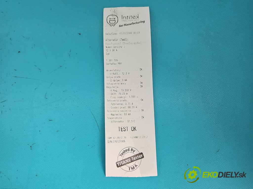Daihatsu YRV 2000-2005 1.3 16V 87 HP manual 64 kW 1298 cm3 5- Alternator 27060-97401 (Alternátory)