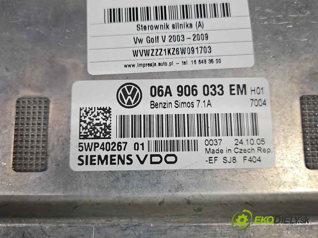 Vw Golf V 2003-2009 1.6 SR 102 hp manual 75 kW 1595 cm3 5- řídící jednotka motoru 06A906033EM