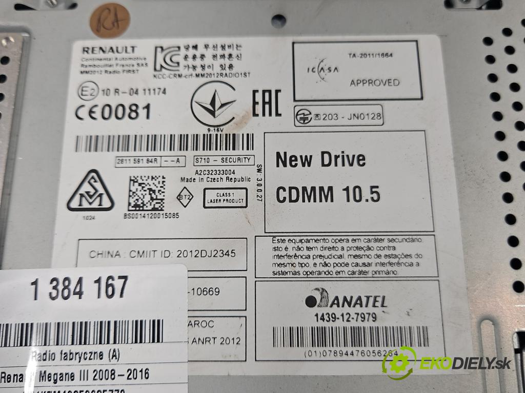 Renault Megane III 2008-2016 1.6 16V 110 HP manual 81 kW 1598 cm3 5- Radio originál 281159184R