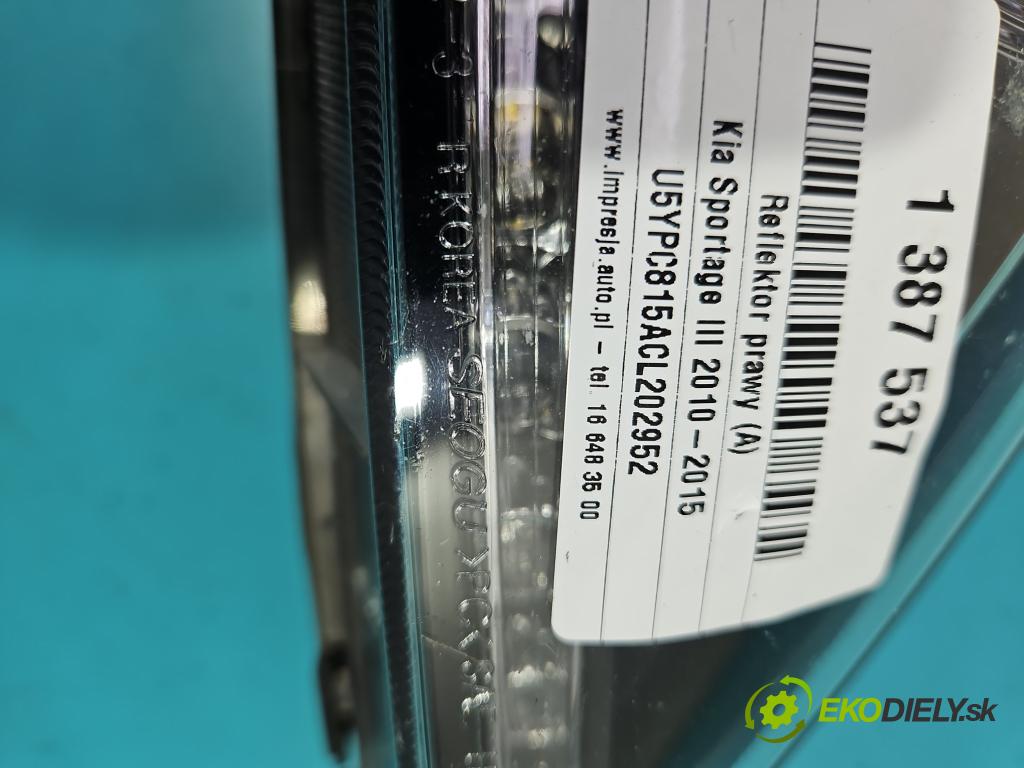 Kia Sportage III 2010-2015 1.7 crdi 116 HP manual 85 kW 1685 cm3 5- Reflektor: pravý  (Pravé)