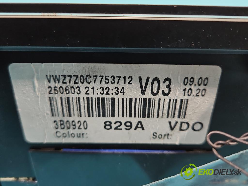 Vw Passat B5 1995-2005 1.9 tdi 131 HP manual 96 kW 1896 cm3 5- prístrojovka/ budíky 3B0920829A (Prístrojové dosky, displeje)