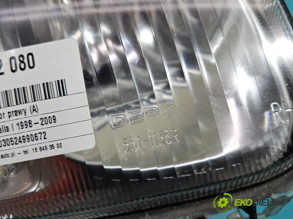 Renault Thalia I 1998-2009 1.4 8V 75 HP manual 55 kW 1390 cm3 4- Reflektor: pravý  (Pravé)