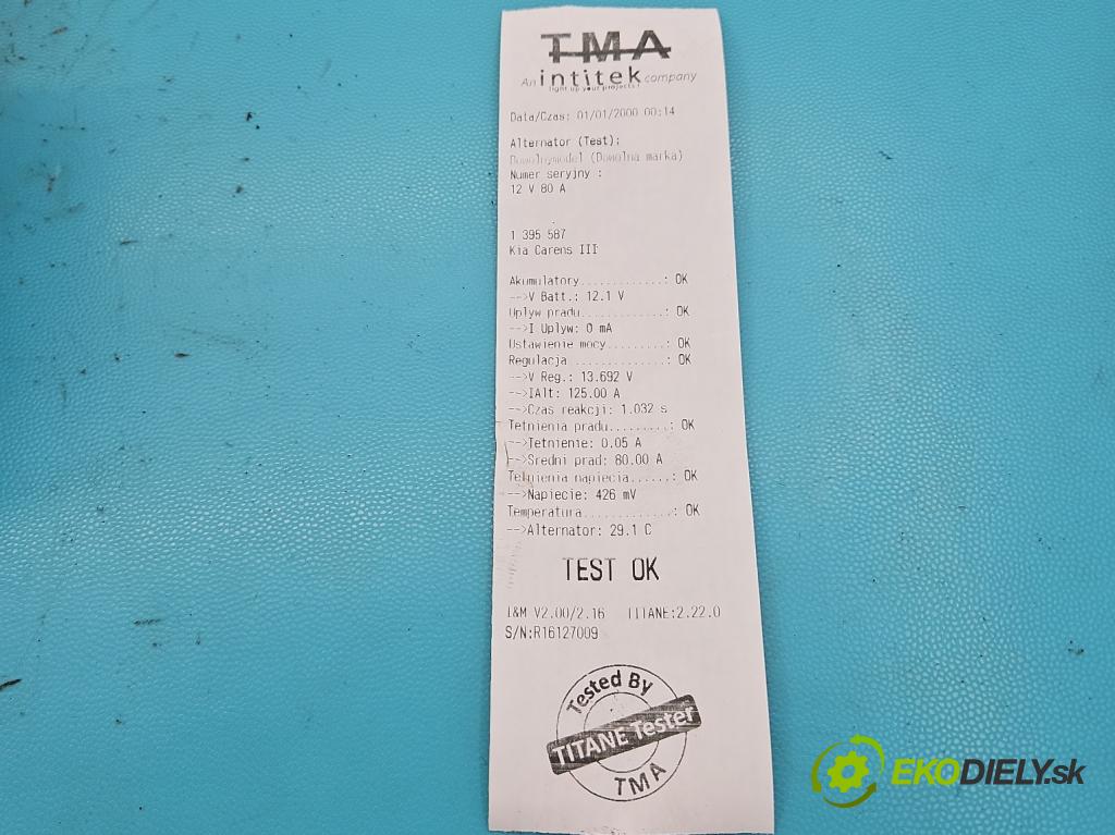 Kia Carens III  2006-2013 2.0 16V 144 HP manual 106 kW 1998 cm3 5- Alternator 37300-25301 (Alternátory)