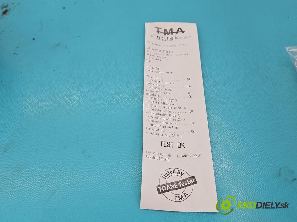 Honda Accord VIII 2008-2015 2.0 VTEC 156 HP automatic 115 kW 1997 cm3 4- Alternator 104210-5370 (Alternátory)