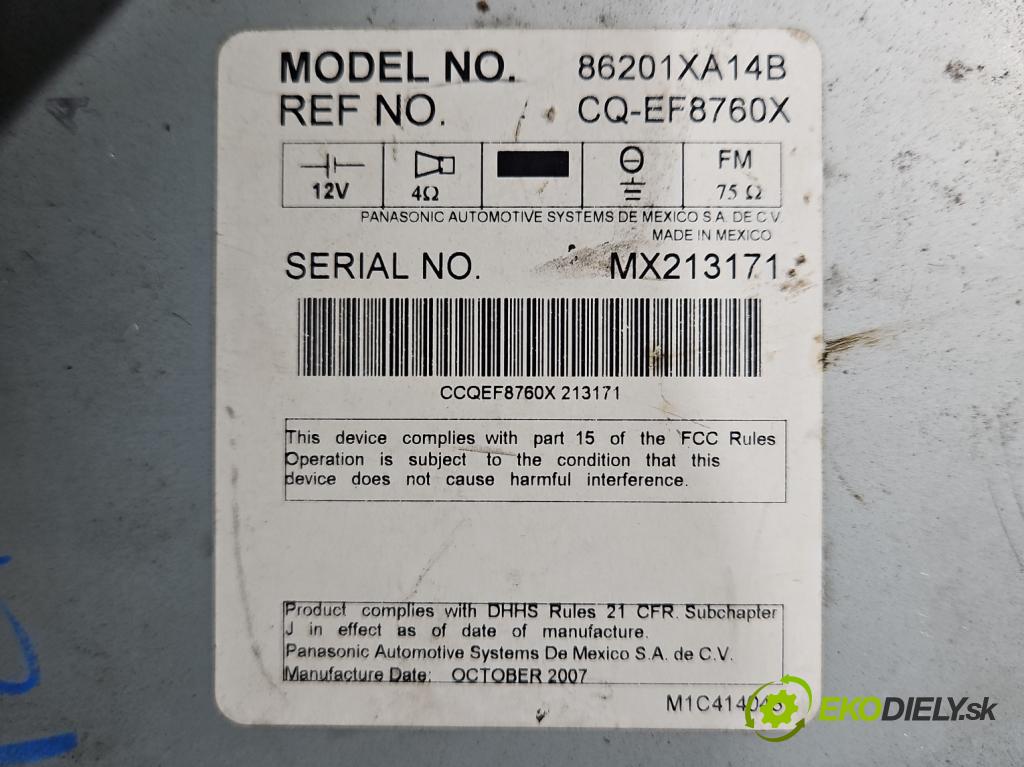 Subaru Tribeca 2005-2014 3.6 V6 automatic 256 kW 3630 cm3 5- Radio originál 86201XA14B