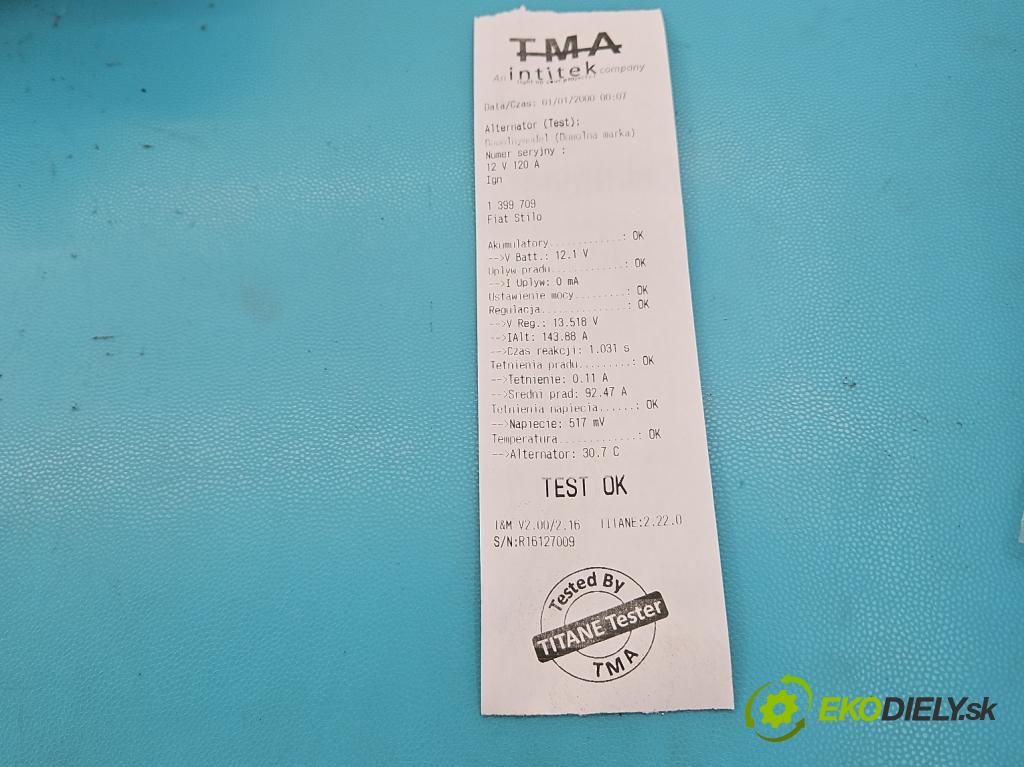 Fiat Stilo 1.9 jtd 116 HP manual 85 kW 1910 cm3 3- Alternator 46748353 (Alternátory)