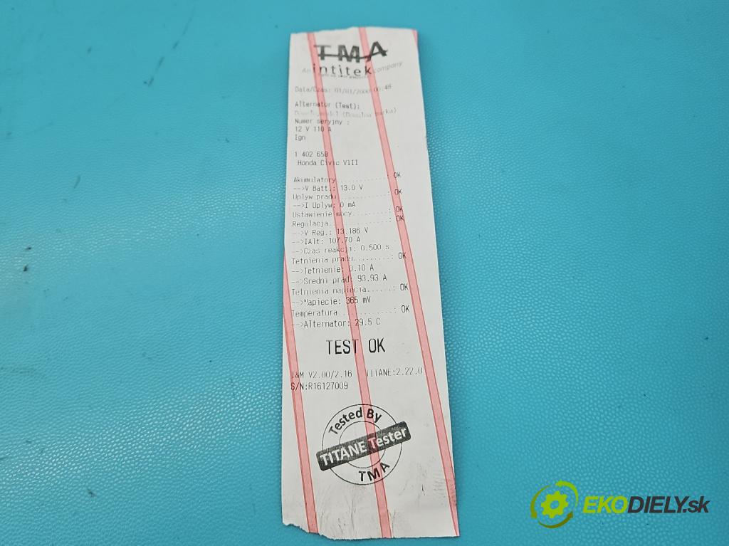 Honda Civic VIII 2006-2011 1.8 16V 140 HP manual 103 kW 1799 cm3 4- Alternator A2TC1391ZE (Alternátory)