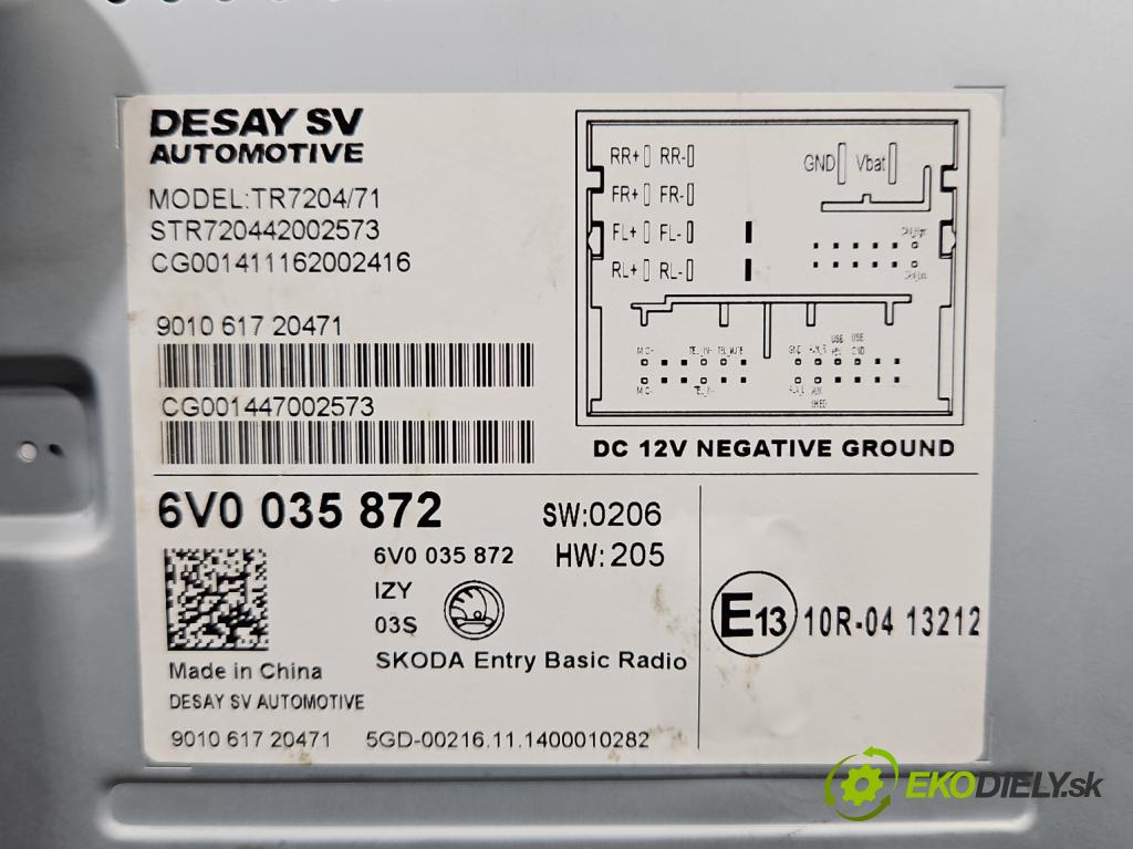 Skoda Fabia III 2014- 2021 1.0 mpi 75 hp manual 55 kW 999 cm3 5- Radio továrna: 6V0035872