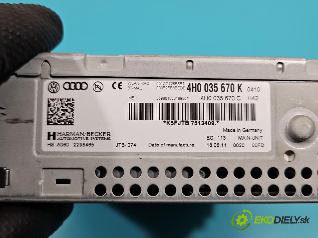 Audi A8 D4 2009-2017 3.0 V6 tdi 250 HP automatic 184 kW 2967 cm3 4- Navigácia: čítačka 4H0035670K