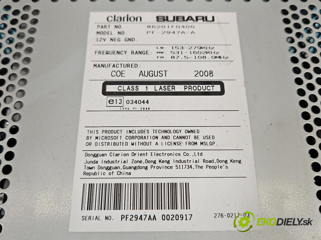 Subaru Impreza III GH 2007-2012 1.5 boxer 107 HP manual 79 kW 1498 cm3 5- Radio originál 86201FG400